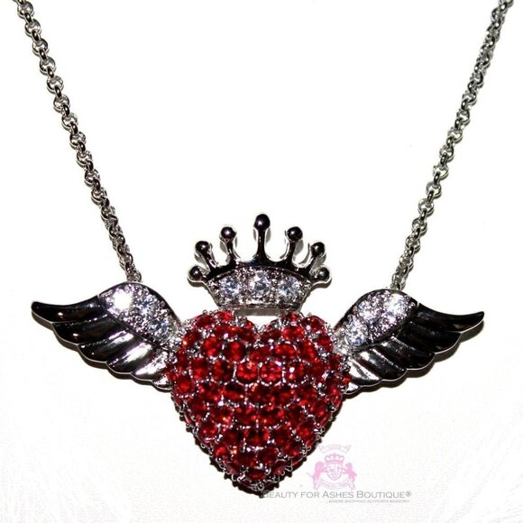 Ruby Red Cz Cubic Zirconia Love Heart Glam Angel Wing Angelic Crown Cz Necklace - Picture 1 of 3